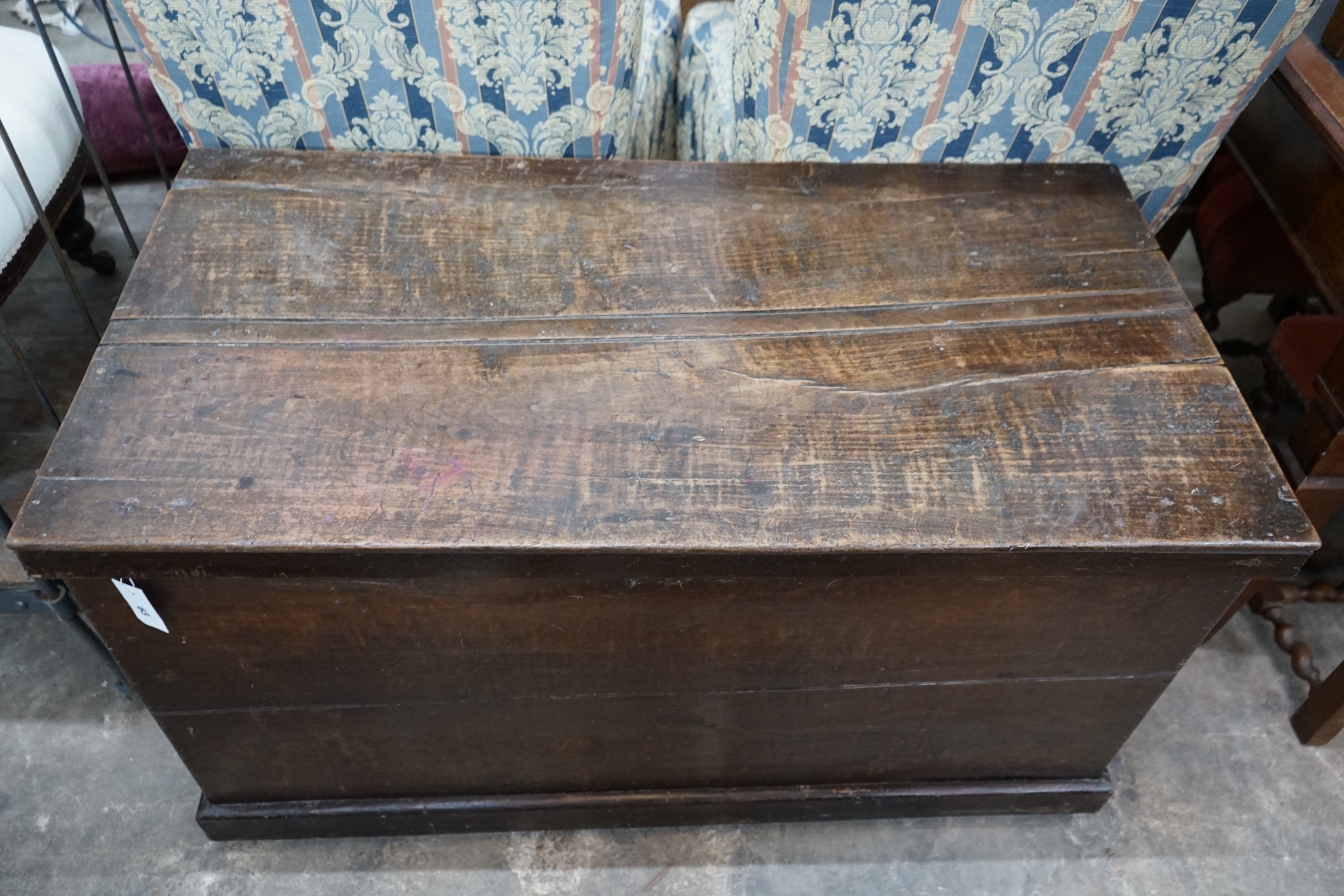 A 19th century elm trunk, width 116cm depth 61cm height 66cm